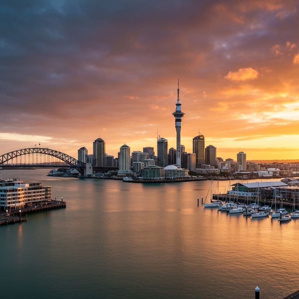 New Zealand Golden Visa destination Auckland skyline at sunset