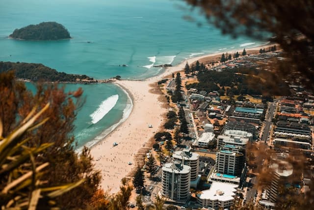 Aerial view of Tauranga and Mount Maunganui peninsula with harbour and beaches